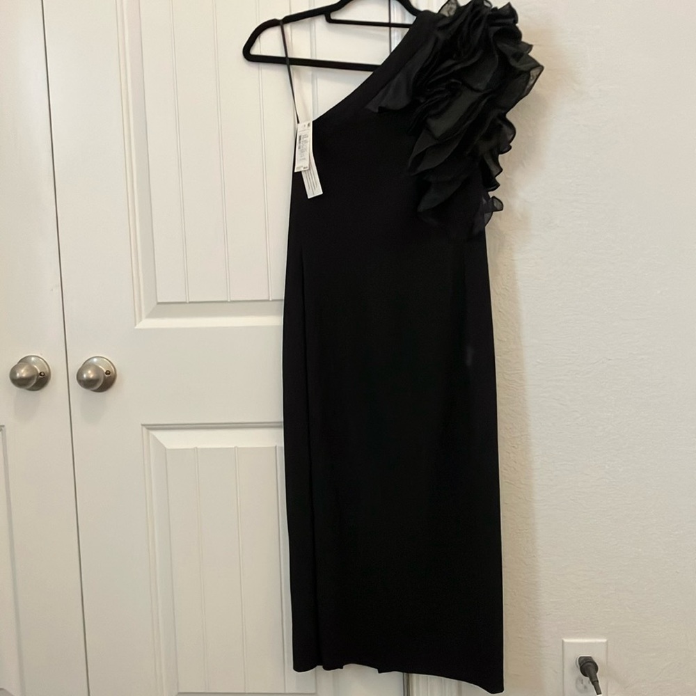 NWT Aidan Mattox Black One-Shoulder Dress with Ruffle Detail